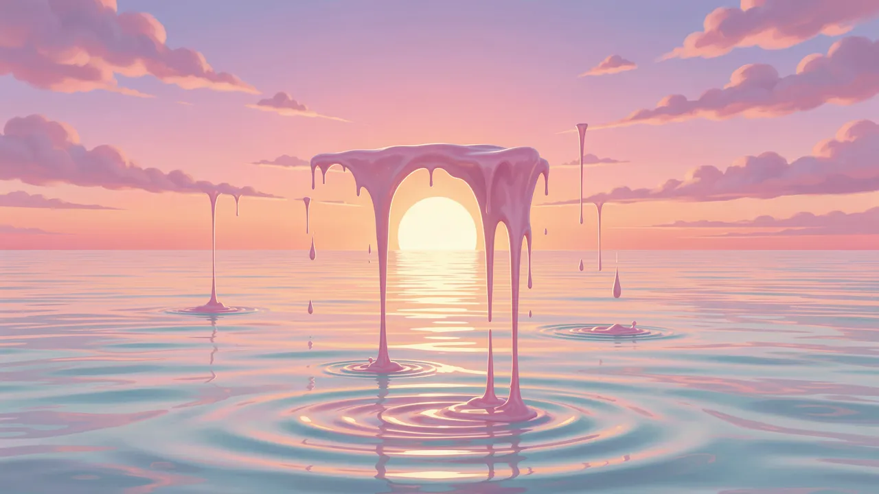 Dripping melting pastel sunset formations pour into a calm reflective pastel ocean at dusk