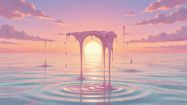 Dripping melting pastel sunset formations pour into a calm reflective pastel ocean at dusk