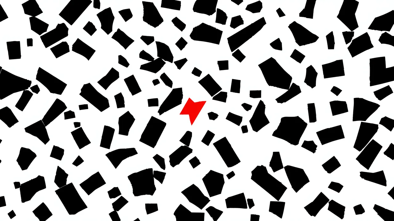 Scattered jagged black geometric shapes on white with a single bright red accent shape