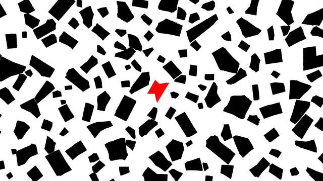 Scattered jagged black geometric shapes on white with a single bright red accent shape