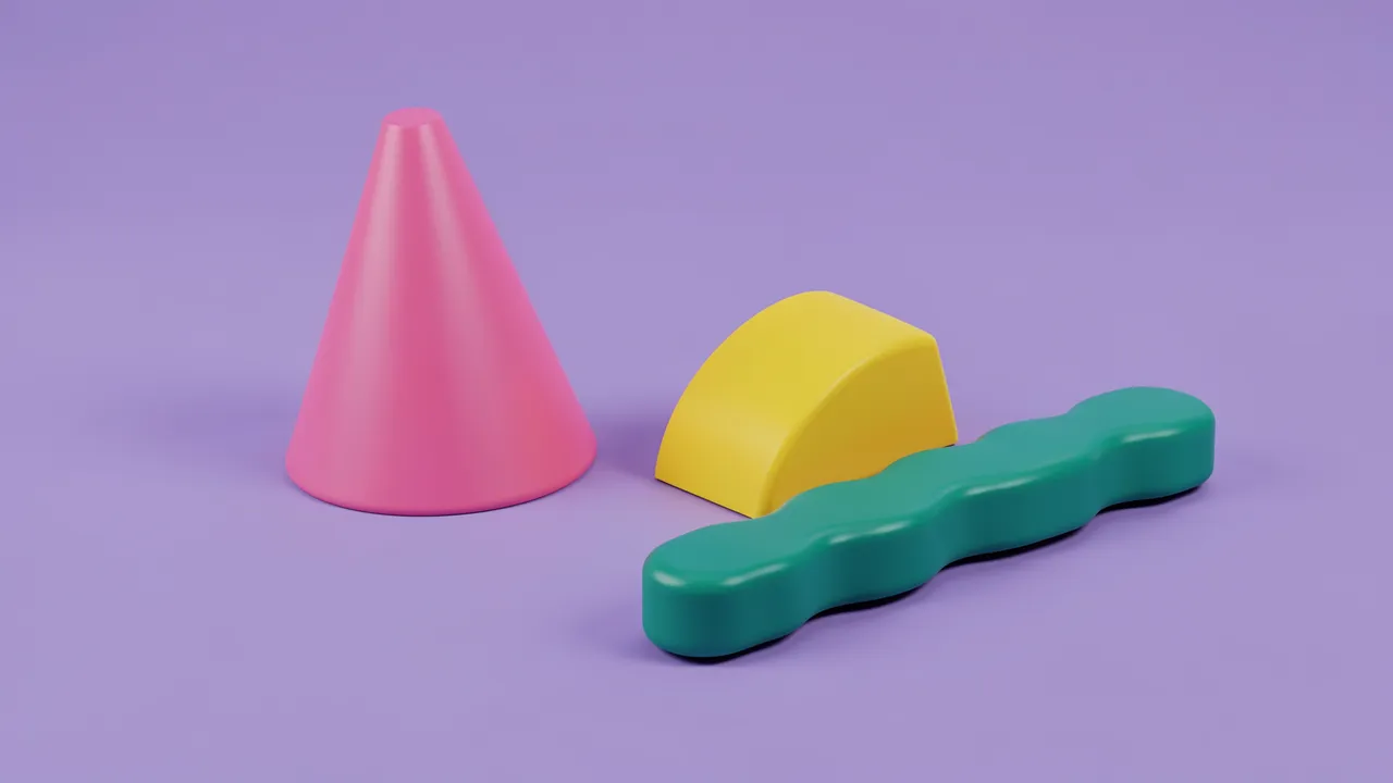 Three chunky memphis-style 3D shapes rest on a smooth lilac floor against a lilac background