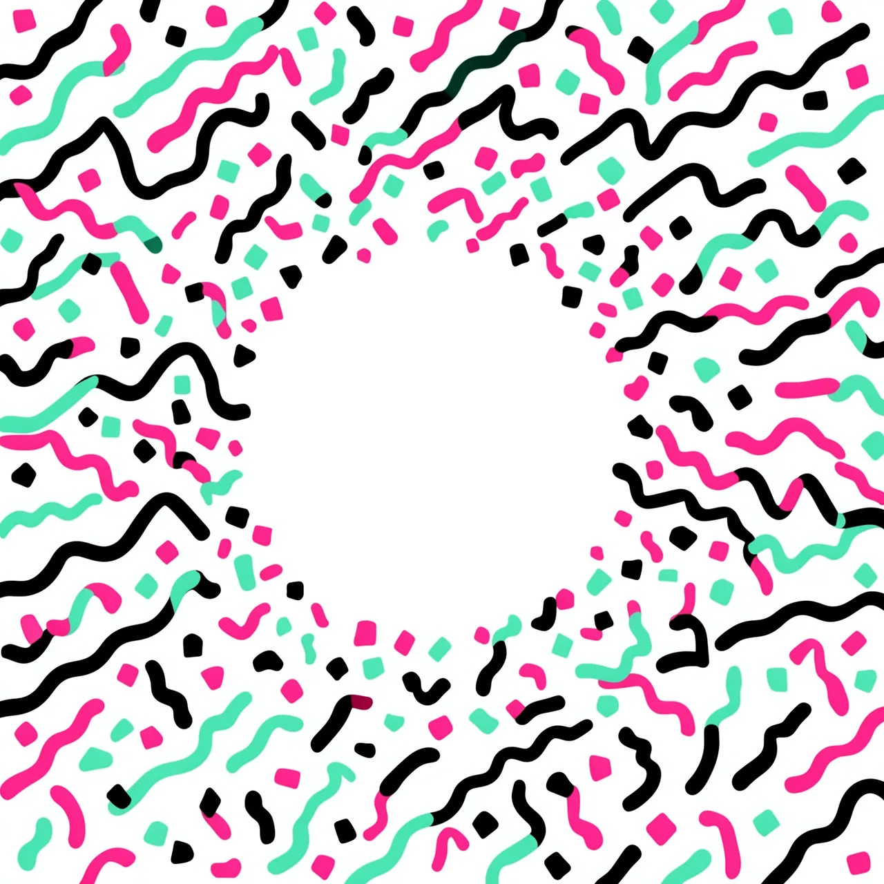 A circular memphis-style frame of wavy strokes and confetti shapes on a white background with an empty center