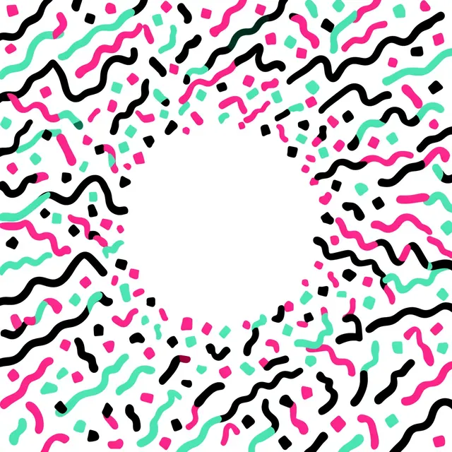A circular memphis-style frame of wavy strokes and confetti shapes on a white background with an empty center