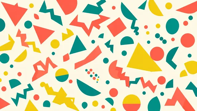 Scattered retro memphis geometric shapes in coral, teal and lemon yellow on a cream background