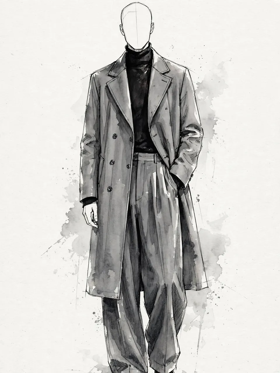 Faceless fashion sketch figure wears a long gray overcoat, black turtleneck and wide trousers with ink wash accents