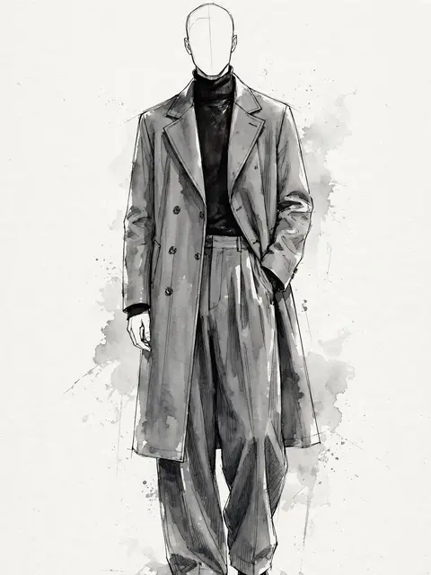 Faceless fashion sketch figure wears a long gray overcoat, black turtleneck and wide trousers with ink wash accents