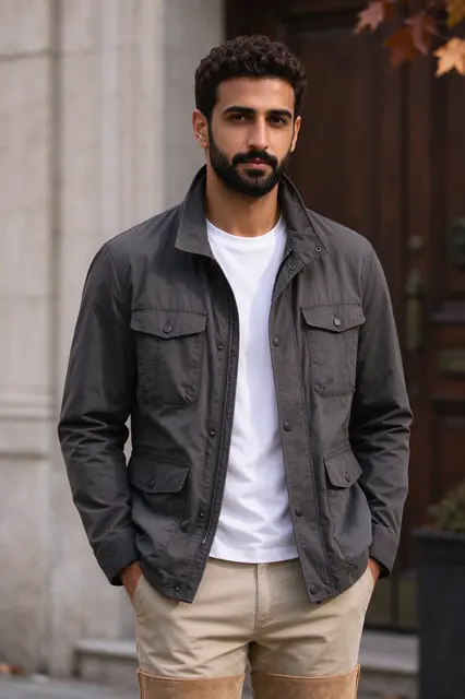 Middle Eastern man in his thirties stands outdoors with hands in pockets wearing a charcoal field jacket and casual fall