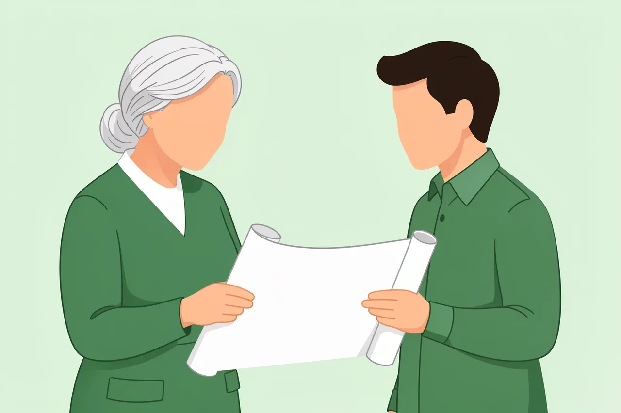 Faceless senior woman and younger colleague hold and discuss a rolled blueprint against a sage green background