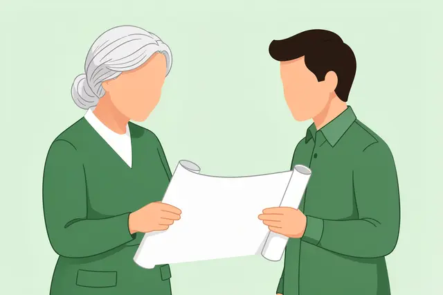 Faceless senior woman and younger colleague hold and discuss a rolled blueprint against a sage green background