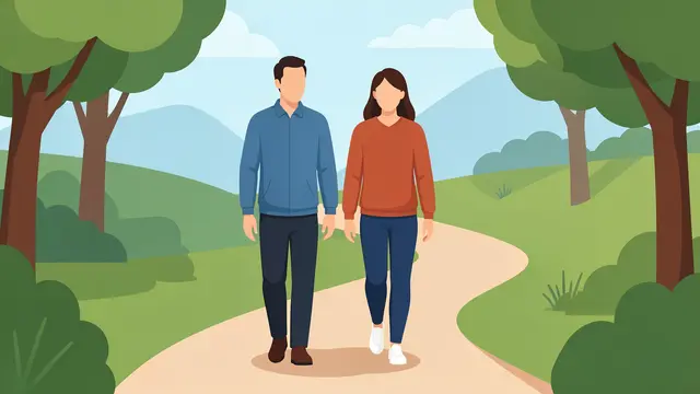 Two faceless adult figures walk side by side along a winding park path under a pale blue sky