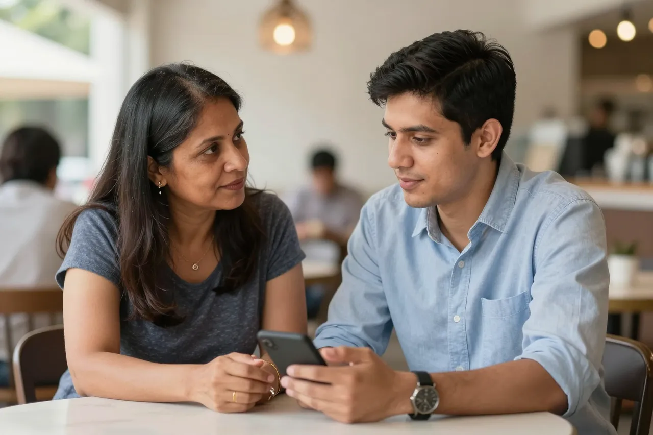 A South Asian woman and a young man look at a smartphone together at a bright sunny cafe table