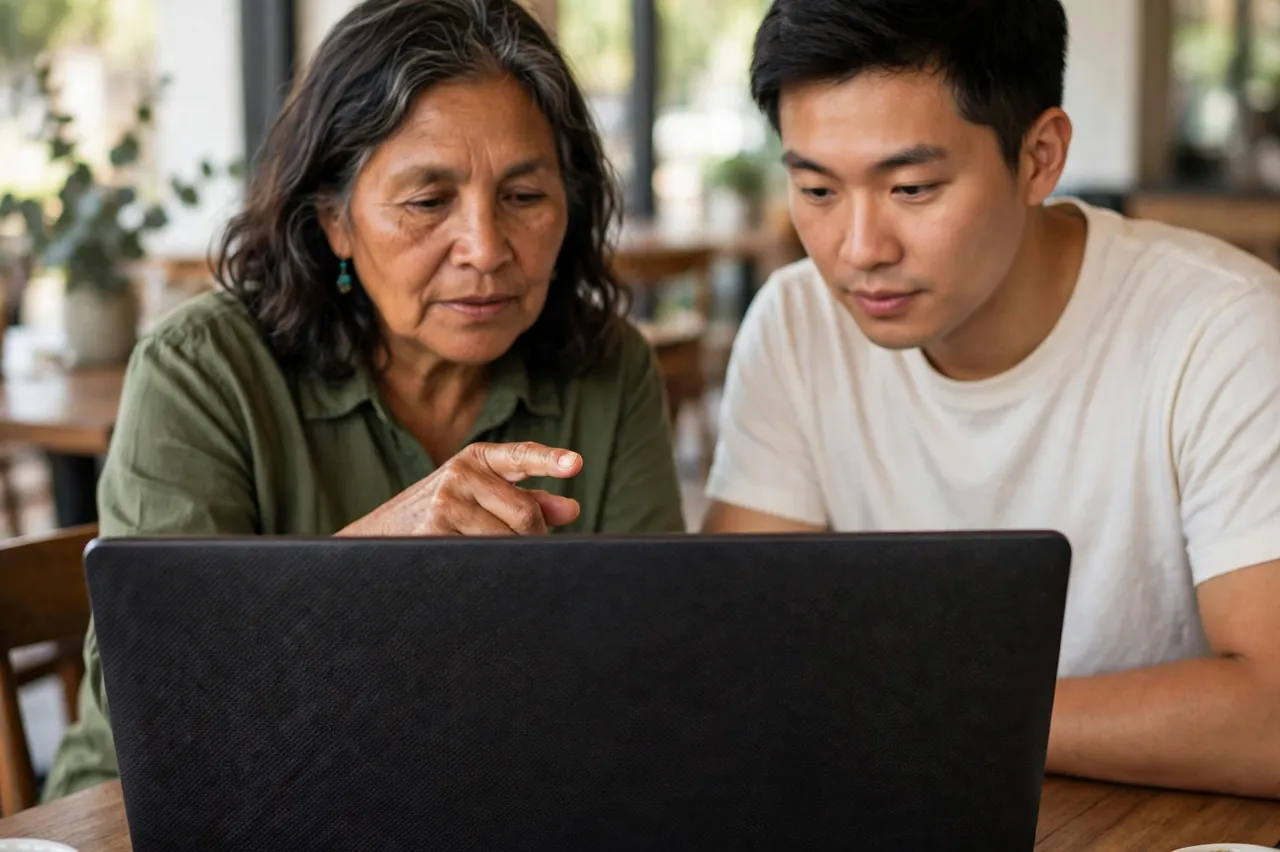 An older Indigenous woman points at a laptop screen while mentoring a younger East Asian man at a wooden table