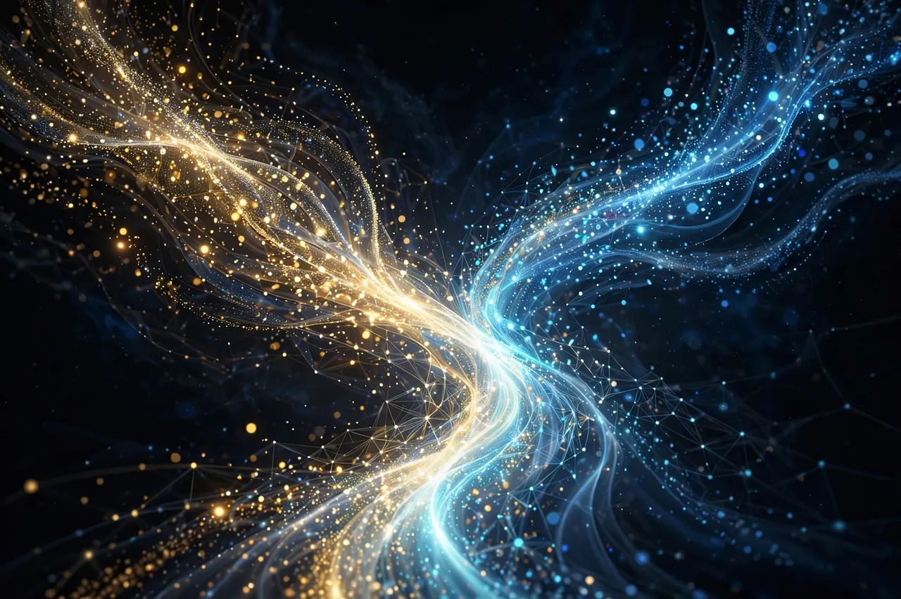 Glowing gold and blue particle streams twist and merge into one bright current against a dark deep background