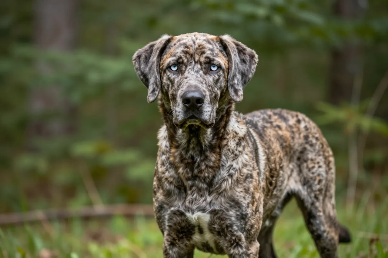 A catahoula leopard dog with a merle coat and pale blue eyes stands in a green forest