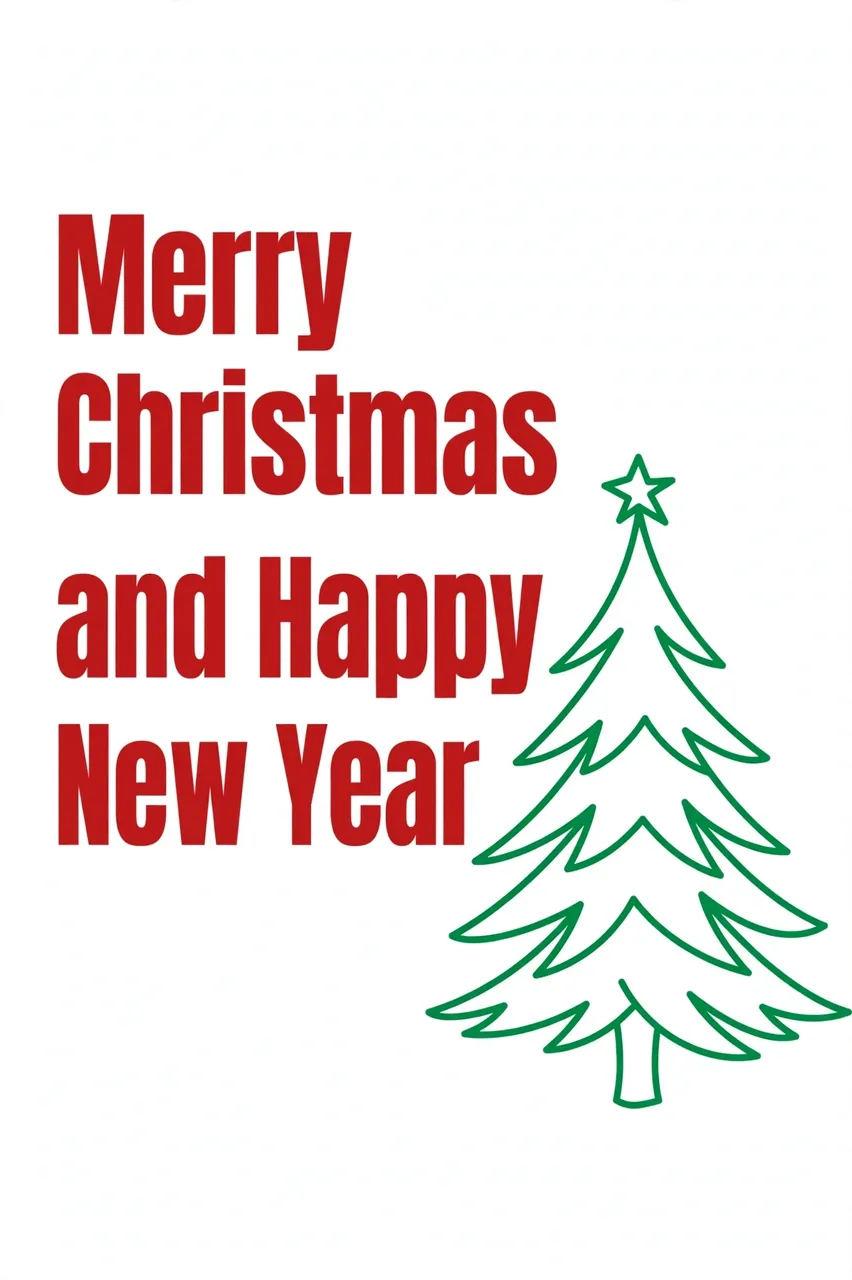 Bold red text reading "Merry Christmas and Happy New Year" sits left of a simple green line-drawn Christmas tree on a pale