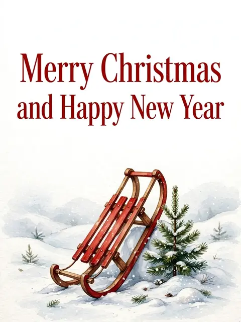 Watercolor winter scene with a red sled beside a small snow-dusted pine, overlaid with the text "Merry Christmas and Happy
