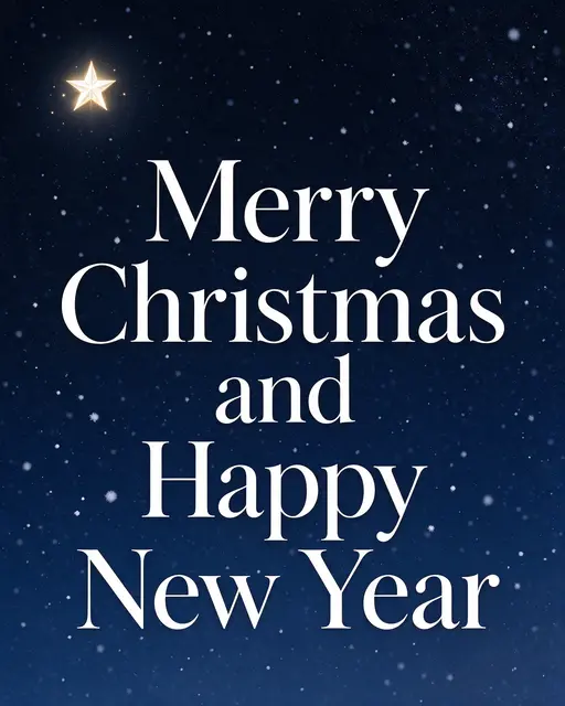 Centered white serif text reading "Merry Christmas and Happy New Year" over a navy snowy night sky with a glowing star in