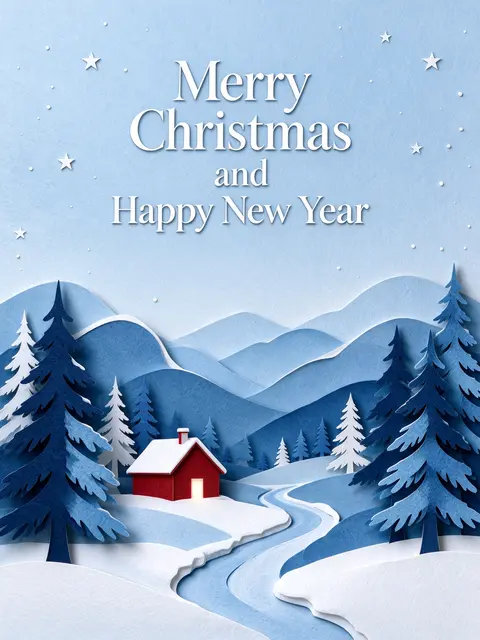 Paper cut illustration of layered snowy hills, pine trees, red cabin, and the text "Merry Christmas and Happy New Year" in a