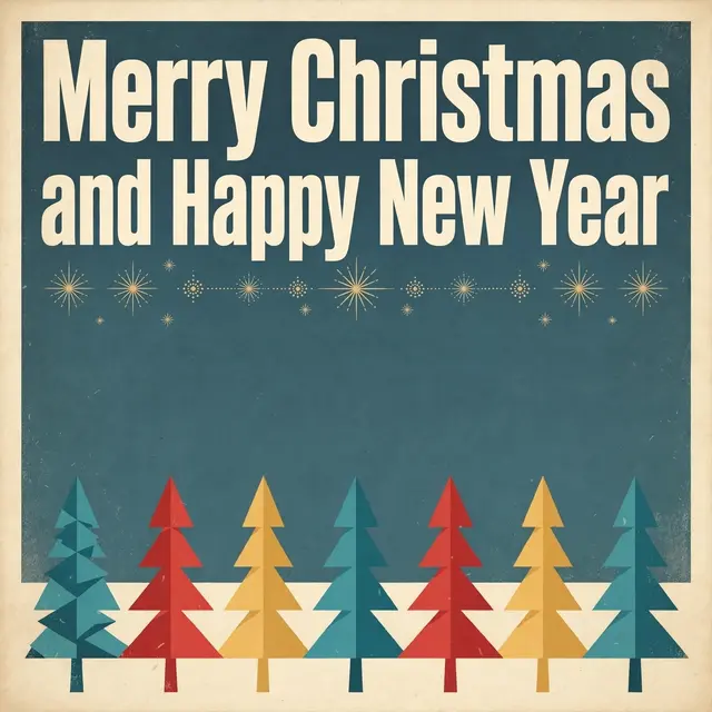 Retro mid-century Christmas card with bold cream 'Merry Christmas and Happy New Year' text and stylized teal, red, gold