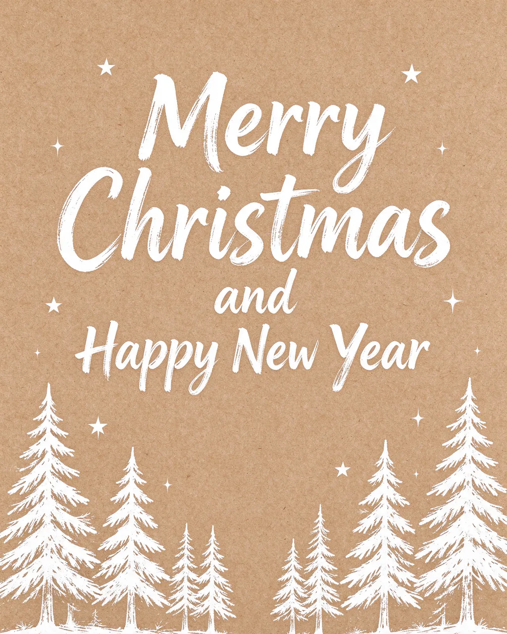 Kraft paper background with white brush lettering reading "Merry Christmas and Happy New Year" framed by hand-drawn pine