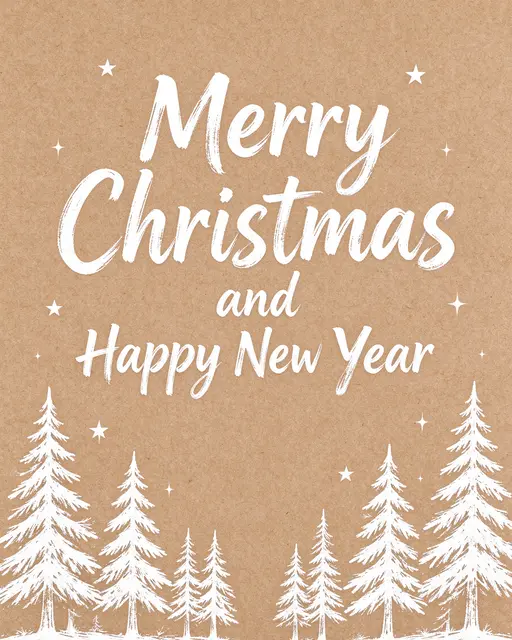 Kraft paper background with white brush lettering reading "Merry Christmas and Happy New Year" framed by hand-drawn pine