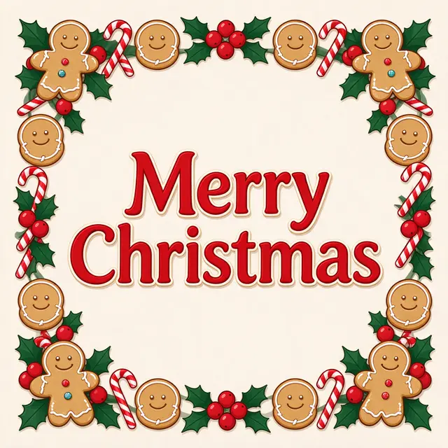 A festive border of gingerbread cookies, candy canes and holly frames bold red 'Merry Christmas' text on a cream background.