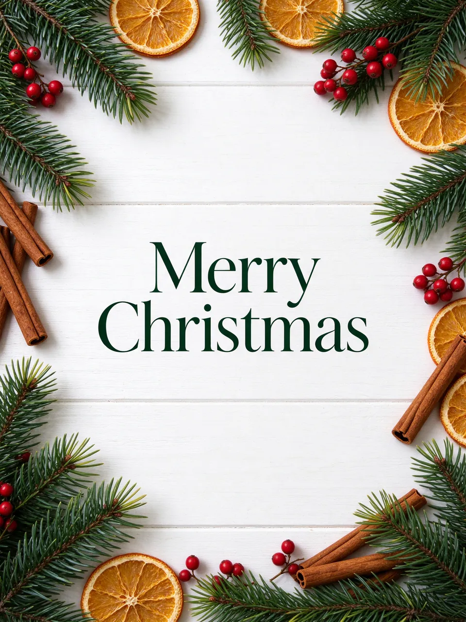 "Merry Christmas" in dark green serif text framed by pine branches, dried oranges, cinnamon and red berries on a white