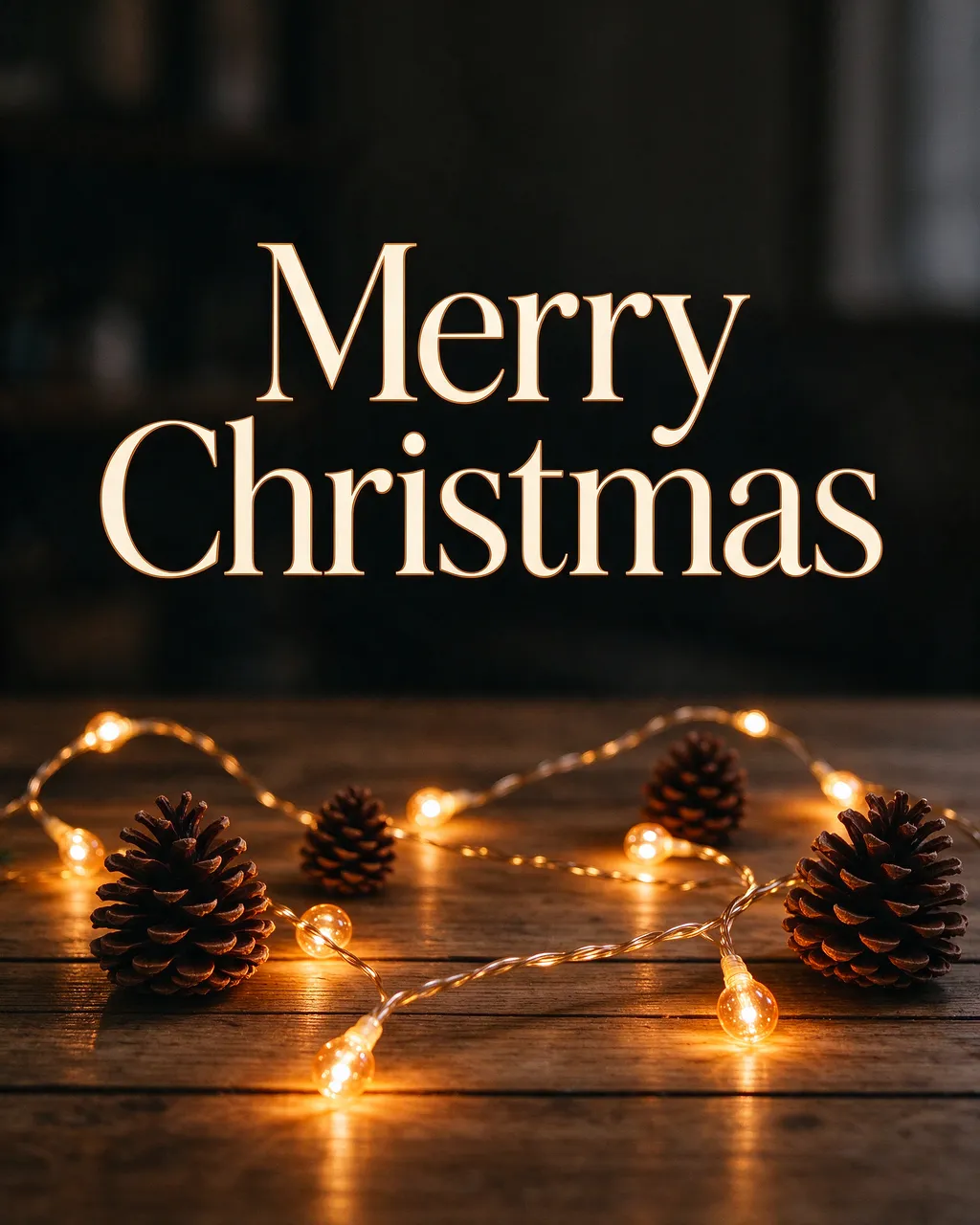 "Merry Christmas" serif text sits above warm string lights and pine cones on a dark wooden table