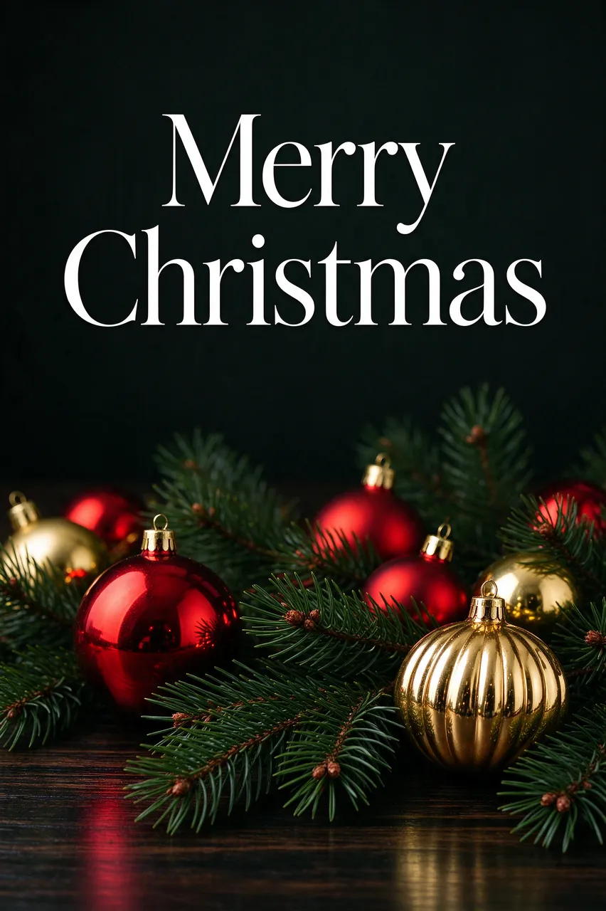 "Merry Christmas" in white serif type above red and gold baubles and pine sprigs on a dark wood table.