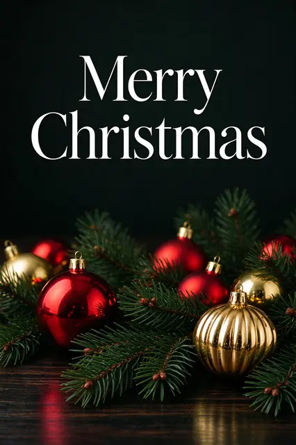 "Merry Christmas" in white serif type above red and gold baubles and pine sprigs on a dark wood table.