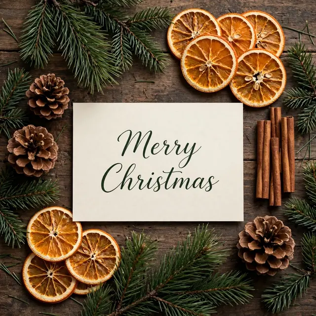 "Merry Christmas" dark green script lettering on a cream card framed by pine sprigs, pinecones, dried orange slices and