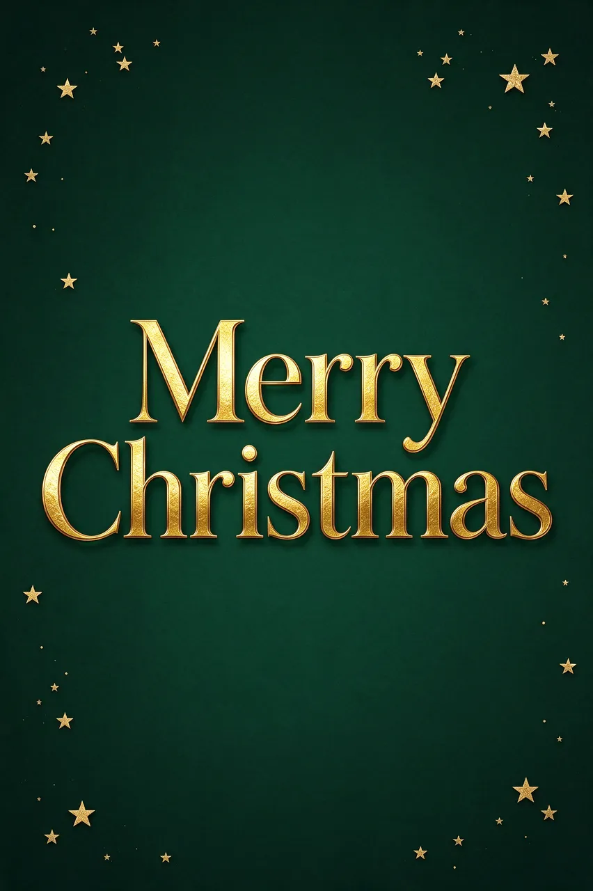 Gold foil 'Merry Christmas' lettering with scattered gold stars on a deep forest green background
