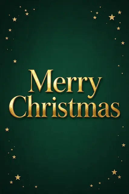 Gold foil 'Merry Christmas' lettering with scattered gold stars on a deep forest green background