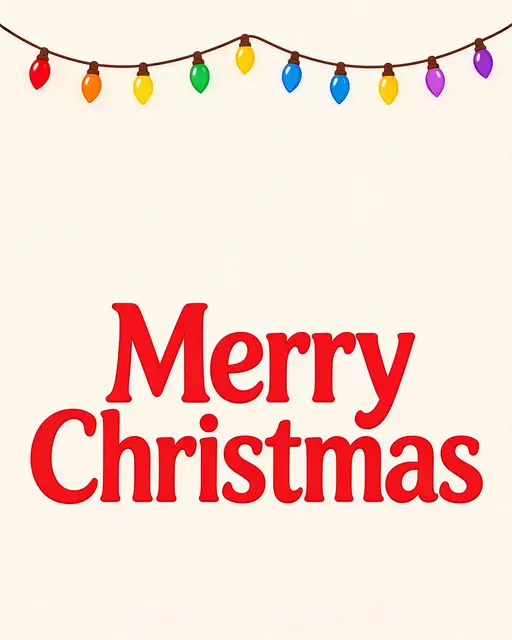 A flat vector illustration with a string of colorful Christmas lights at the top and bold red "Merry Christmas" text on a