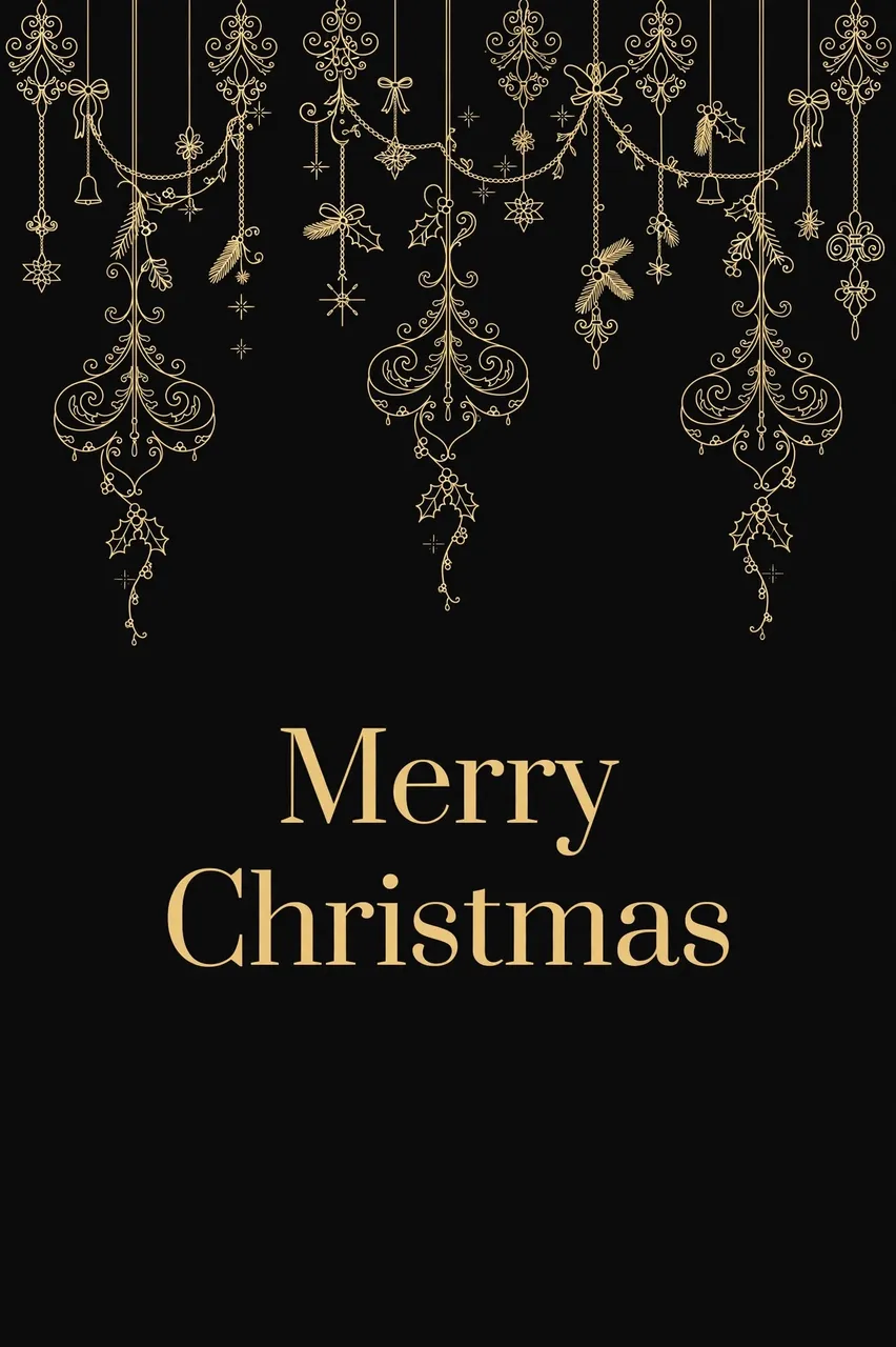 Elegant gold line-drawn hanging ornaments sit above centered gold serif text reading "Merry Christmas" on a solid black