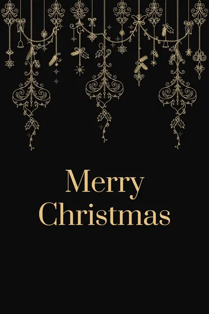 Elegant gold line-drawn hanging ornaments sit above centered gold serif text reading "Merry Christmas" on a solid black