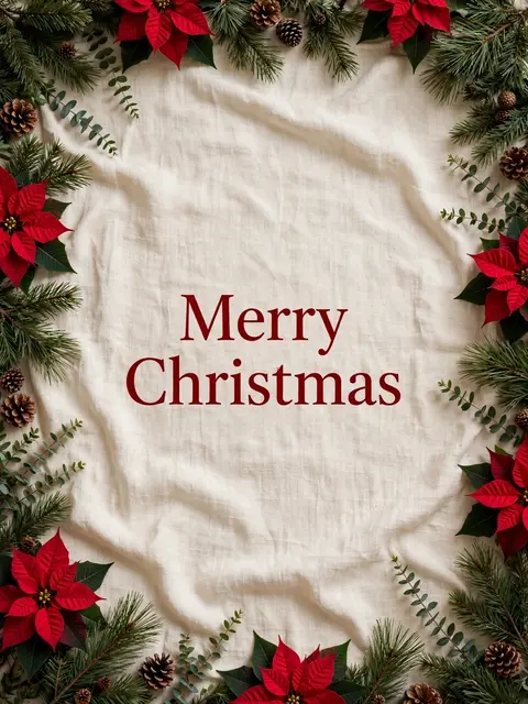 "Merry Christmas" in dark red serif type centered on cream linen framed by poinsettias and pine sprigs