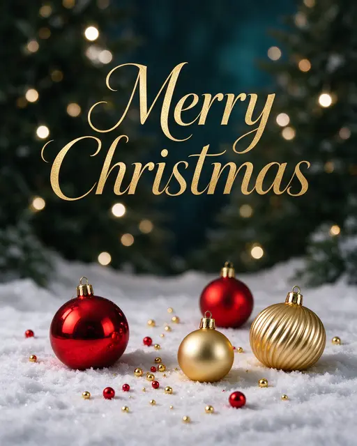 Gold script 'Merry Christmas' text sits above red and gold baubles on snowy ground with blurred bokeh Christmas lights in