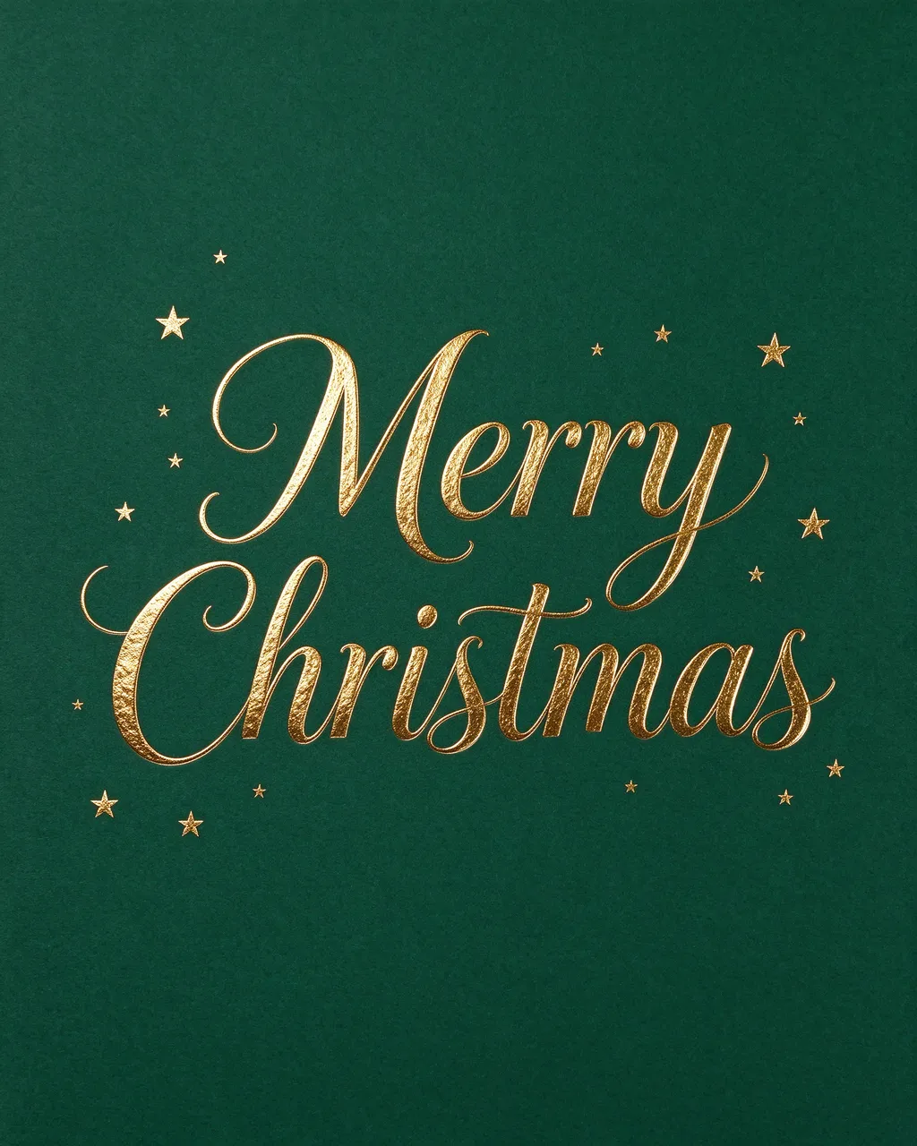 Gold foil script lettering reading "Merry Christmas" surrounded by tiny gold stars on a deep emerald green background