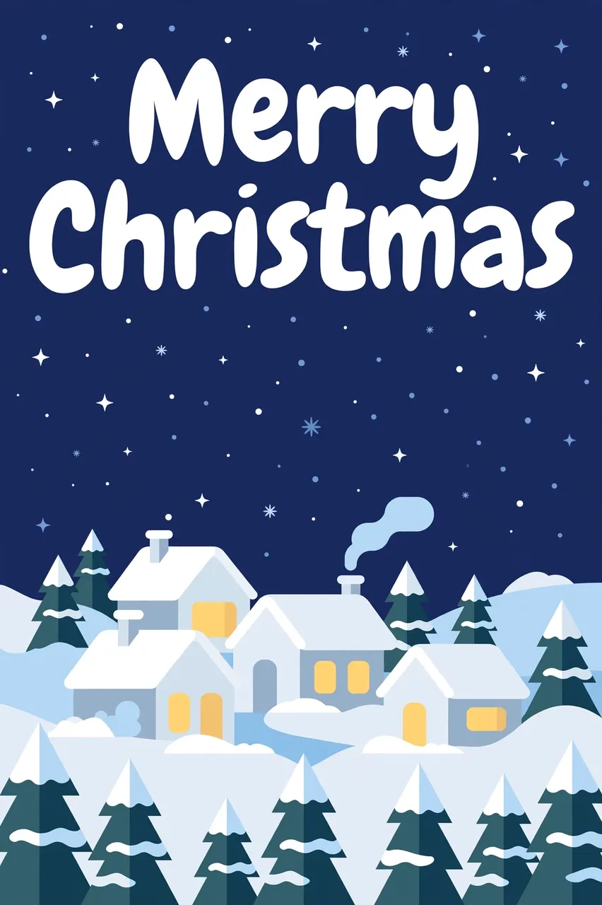 "Merry Christmas" text over a snowy village with pine trees under a starry navy sky