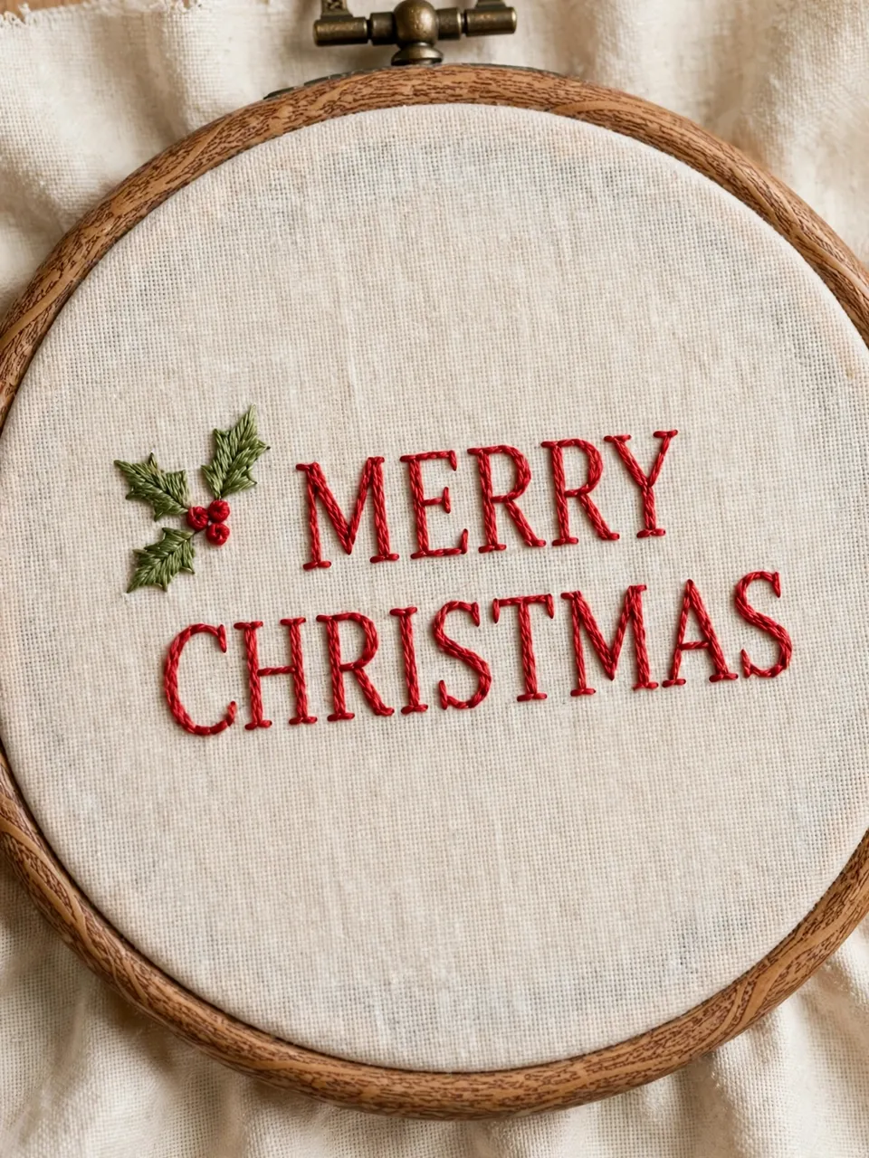 Red stitched "Merry Christmas" text with a small holly sprig on cream linen in a wooden embroidery hoop