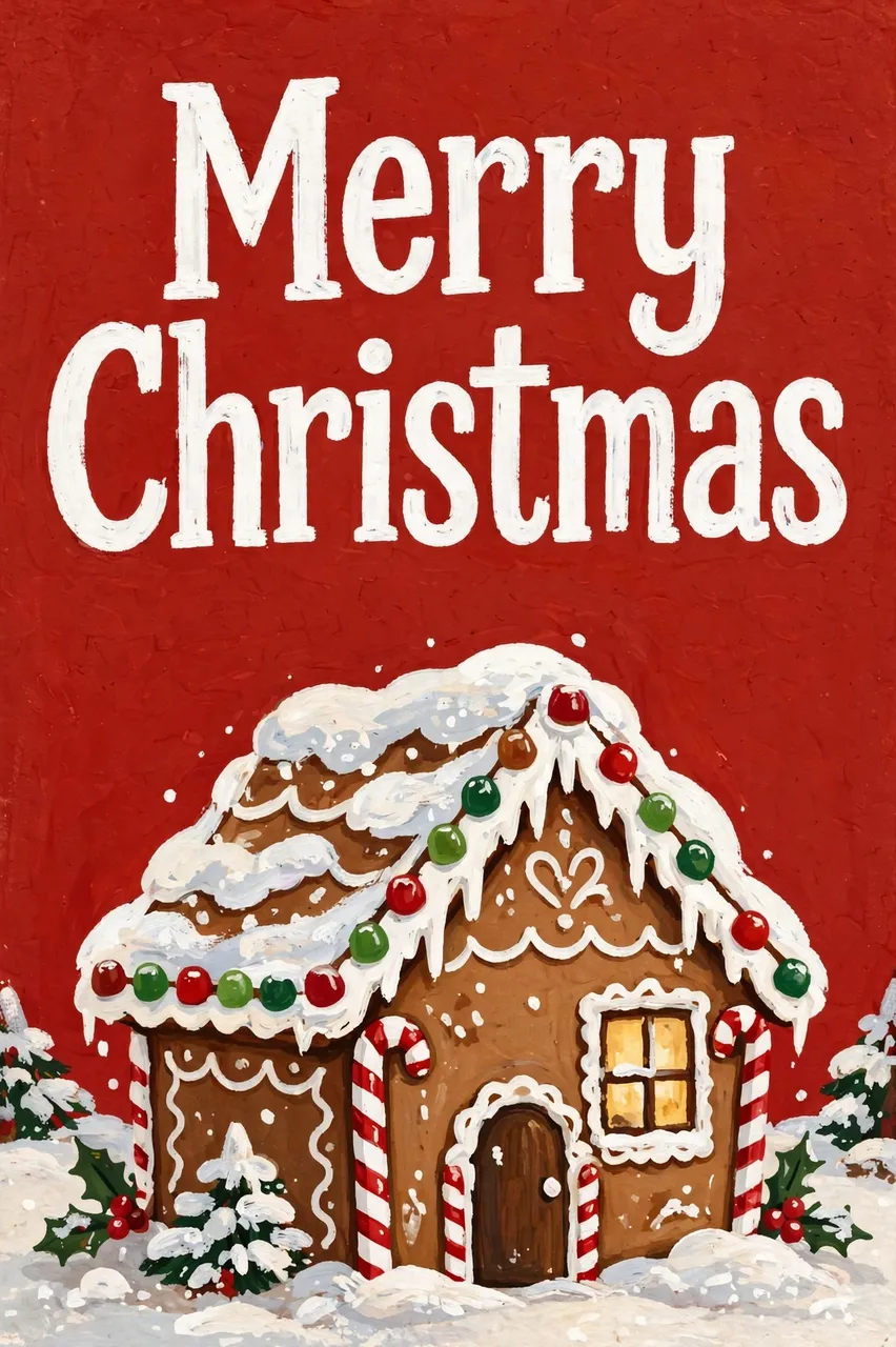 Gouache illustration of a snowy decorated gingerbread house below hand-lettered "Merry Christmas" text on a red background.