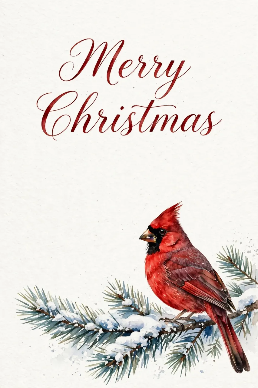 Elegant 'Merry Christmas' script lettering sits above a watercolor red cardinal perched on a snowy pine branch.