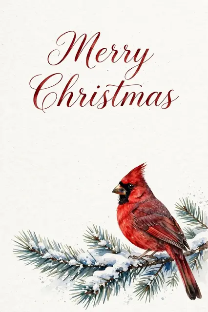 Elegant 'Merry Christmas' script lettering sits above a watercolor red cardinal perched on a snowy pine branch.