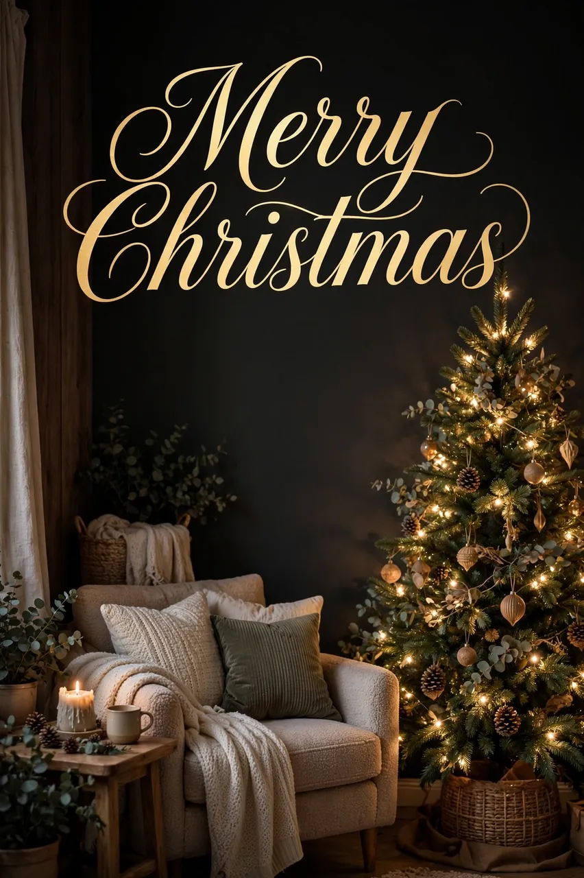 Cozy living room corner with a lit Christmas tree displays gold script text reading "Merry Christmas"