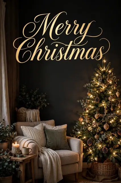 Cozy living room corner with a lit Christmas tree displays gold script text reading "Merry Christmas"