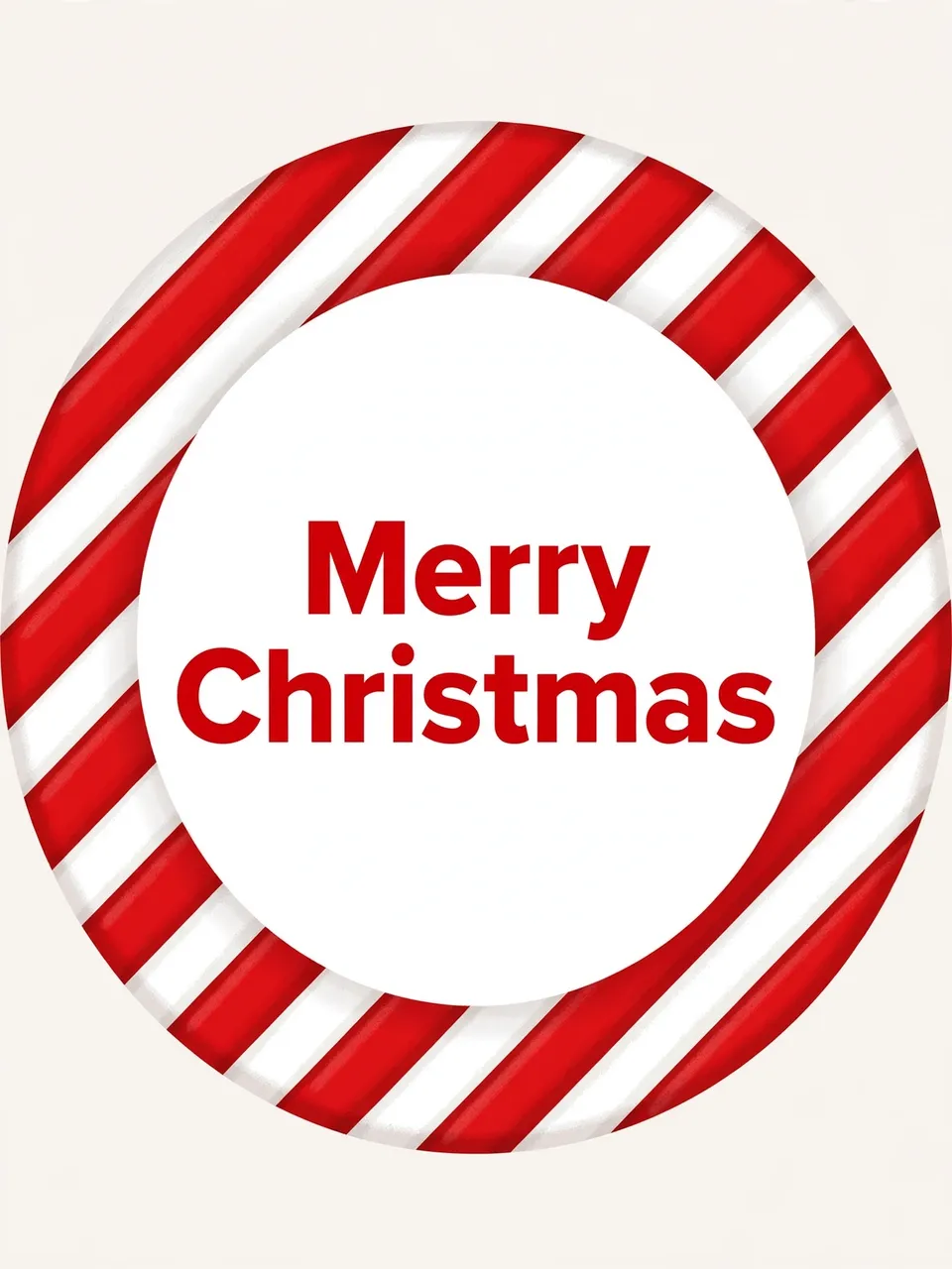 A red and white candy cane striped circular frame displays bold red text reading "Merry Christmas" on a plain white center