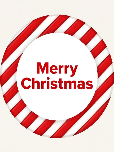 A red and white candy cane striped circular frame displays bold red text reading "Merry Christmas" on a plain white center