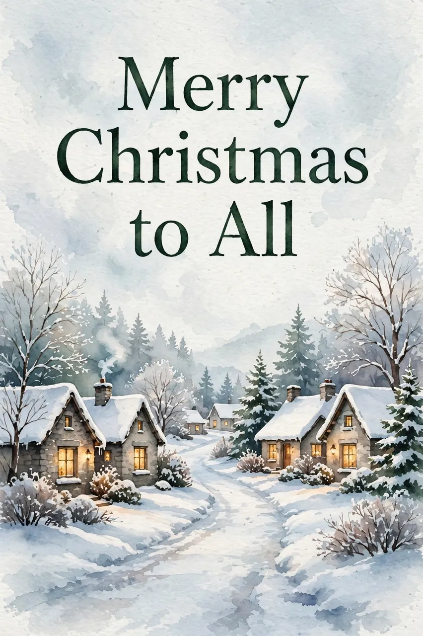 Watercolor winter village scene with dark green serif text reading "Merry Christmas to All" over snow-covered cottages with
