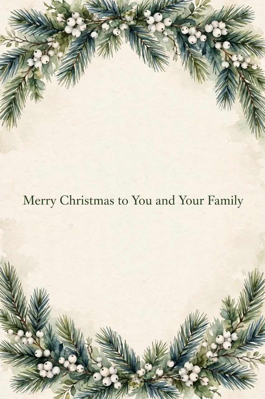 Watercolor pine and white berry border frames centered text "Merry Christmas to You and Your Family" on cream textured paper